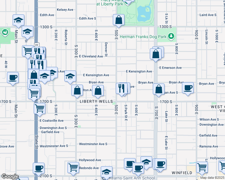 map of restaurants, bars, coffee shops, grocery stores, and more near 466 Bryan Avenue South in Salt Lake City