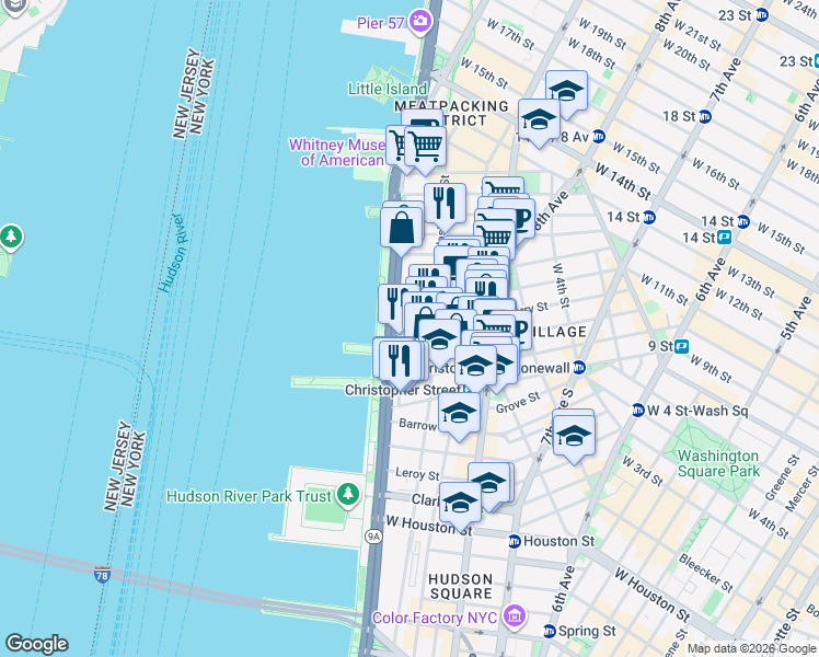 map of restaurants, bars, coffee shops, grocery stores, and more near 167 Perry Street in New York