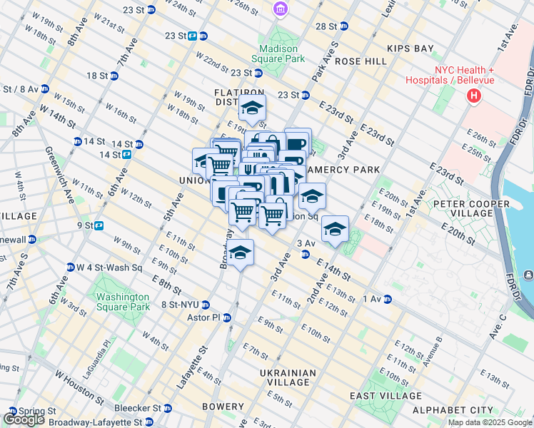 map of restaurants, bars, coffee shops, grocery stores, and more near 110 East 15th Street in New York