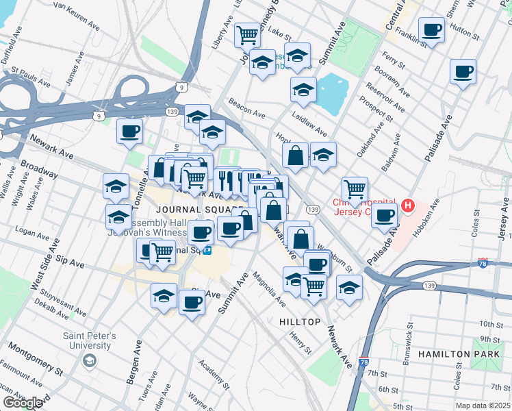 map of restaurants, bars, coffee shops, grocery stores, and more near 678 Newark Avenue in Jersey City