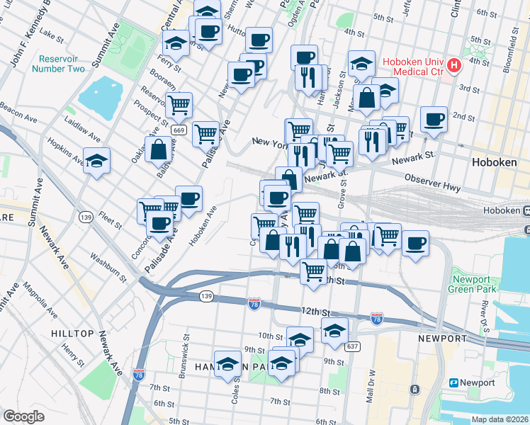 map of restaurants, bars, coffee shops, grocery stores, and more near 300 Coles Street in Jersey City