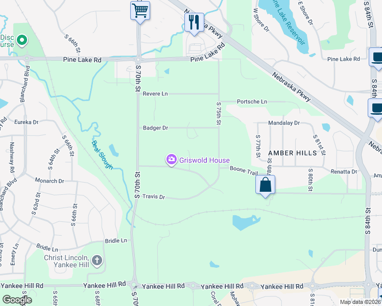 map of restaurants, bars, coffee shops, grocery stores, and more near 7340 Carson Road in Lincoln