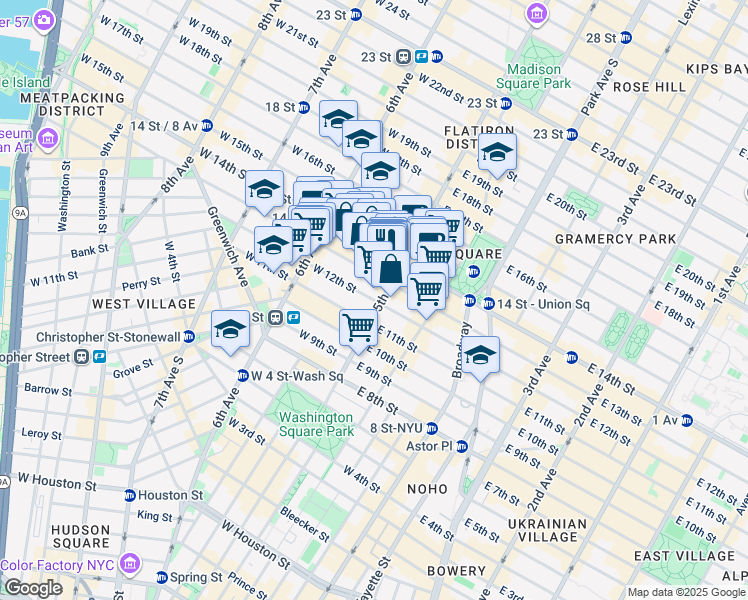 map of restaurants, bars, coffee shops, grocery stores, and more near 10 West 13th Street in New York