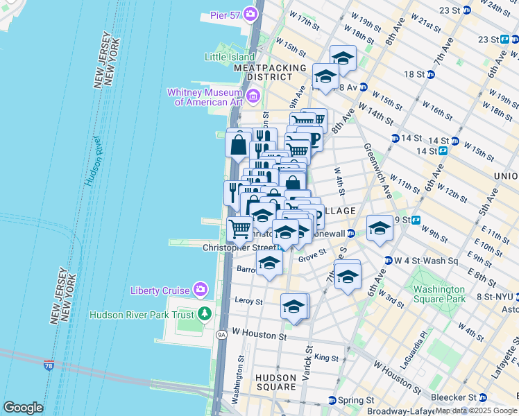 map of restaurants, bars, coffee shops, grocery stores, and more near Washington St & Perry St in New York