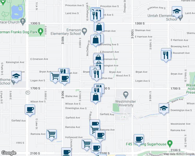 map of restaurants, bars, coffee shops, grocery stores, and more near 1100 East in Salt Lake City