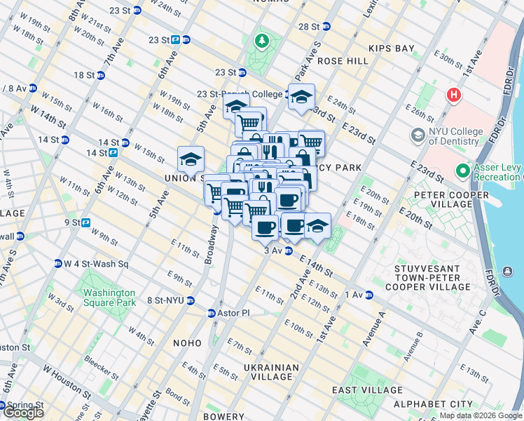 map of restaurants, bars, coffee shops, grocery stores, and more near 40 Irving Place in New York
