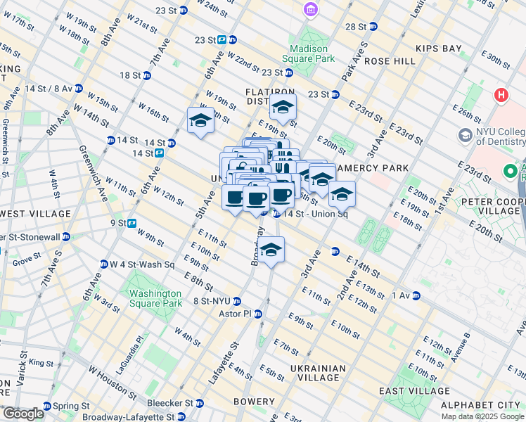 map of restaurants, bars, coffee shops, grocery stores, and more near Broadway in New York