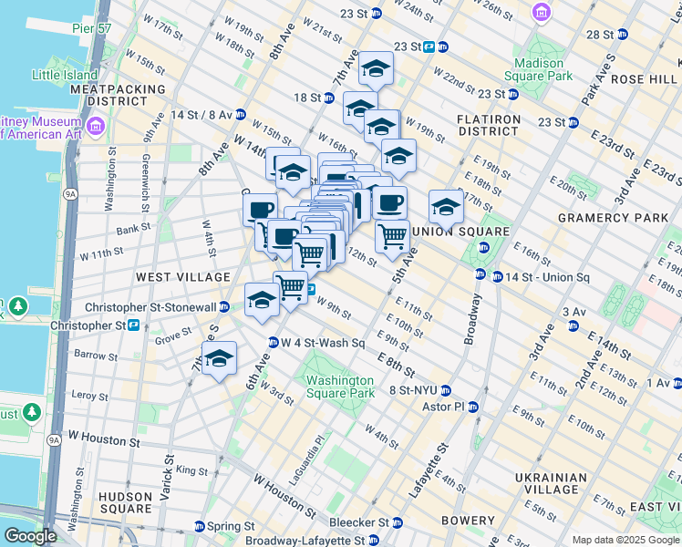 map of restaurants, bars, coffee shops, grocery stores, and more near 56 West 11th Street in New York