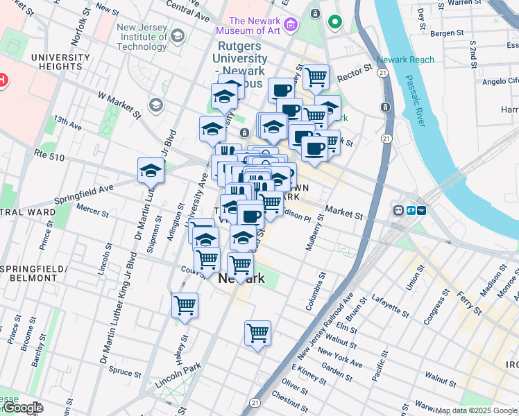 map of restaurants, bars, coffee shops, grocery stores, and more near in Newark
