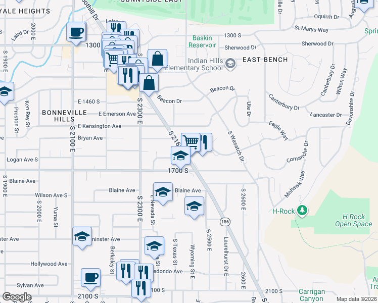 map of restaurants, bars, coffee shops, grocery stores, and more near 2450 Skyline Drive in Salt Lake City