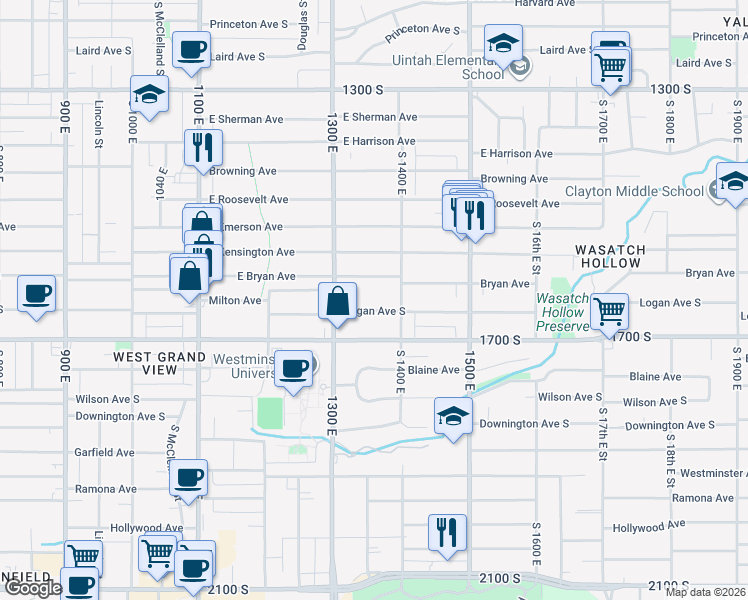map of restaurants, bars, coffee shops, grocery stores, and more near 1350 East Bryan Avenue in Salt Lake City