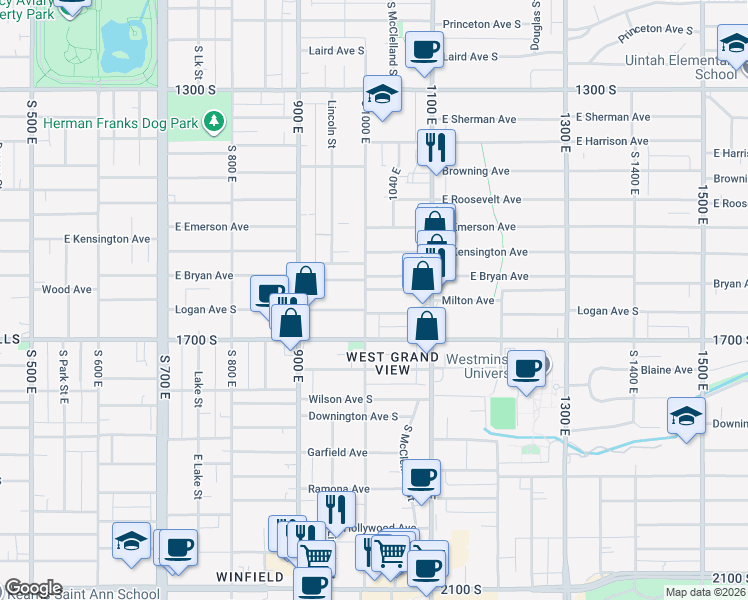 map of restaurants, bars, coffee shops, grocery stores, and more near 986 1560 South in Salt Lake City