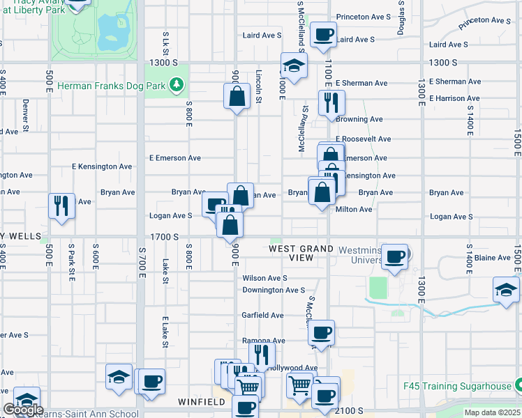 map of restaurants, bars, coffee shops, grocery stores, and more near 945 1560 South in Salt Lake City