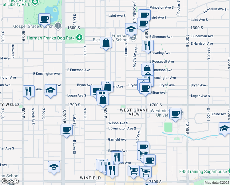 map of restaurants, bars, coffee shops, grocery stores, and more near 945 1560 South in Salt Lake City