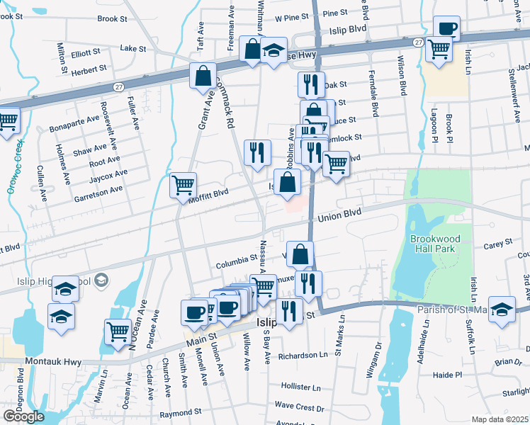 map of restaurants, bars, coffee shops, grocery stores, and more near 157A Commack Road in Islip