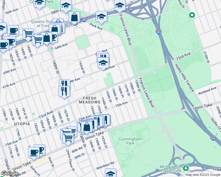 map of restaurants, bars, coffee shops, grocery stores, and more near in Queens