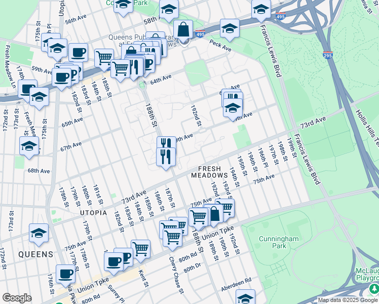 map of restaurants, bars, coffee shops, grocery stores, and more near 190-6C 69th Avenue in Queens