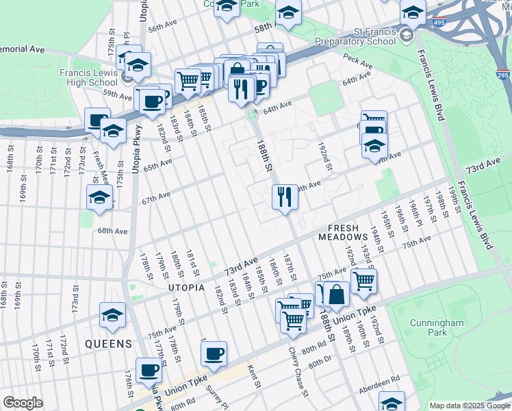 map of restaurants, bars, coffee shops, grocery stores, and more near 64-05 186th Ln in Queens