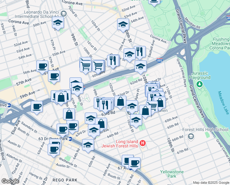 map of restaurants, bars, coffee shops, grocery stores, and more near 102-14 62nd Avenue in Queens