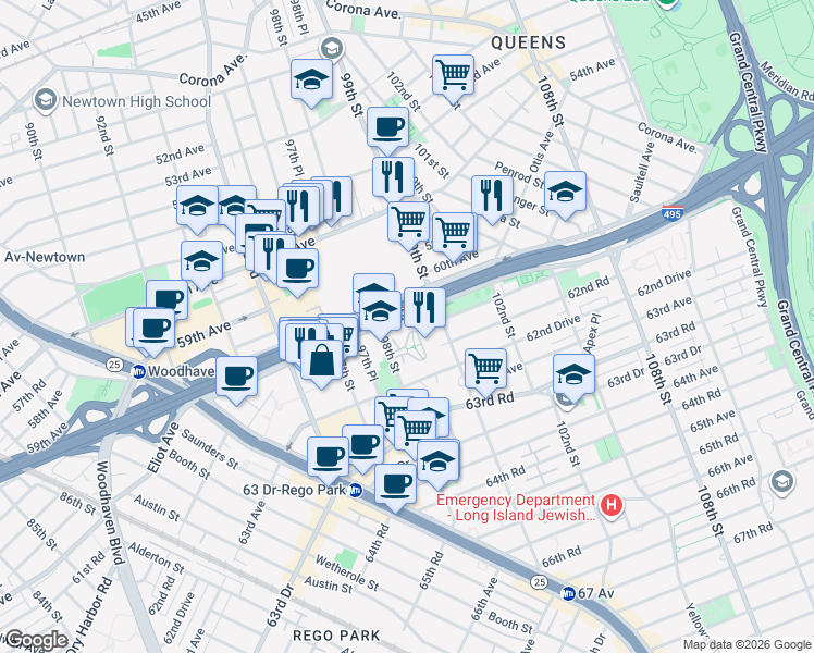 map of restaurants, bars, coffee shops, grocery stores, and more near in Queens