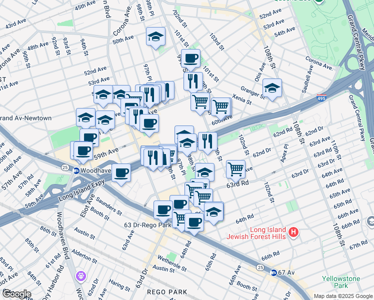 map of restaurants, bars, coffee shops, grocery stores, and more near in Queens