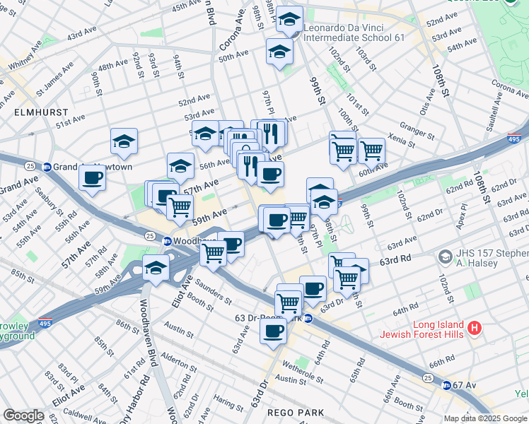 map of restaurants, bars, coffee shops, grocery stores, and more near in Queens