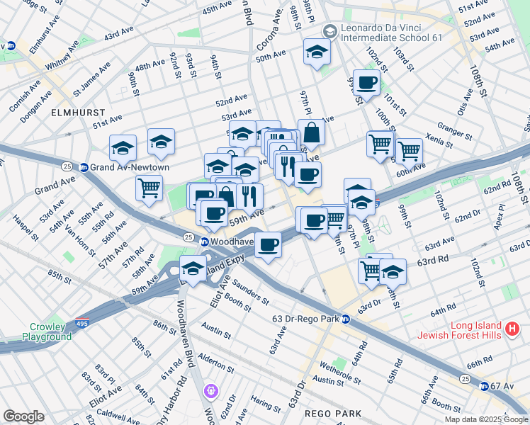 map of restaurants, bars, coffee shops, grocery stores, and more near 94-25 58th Avenue in Queens