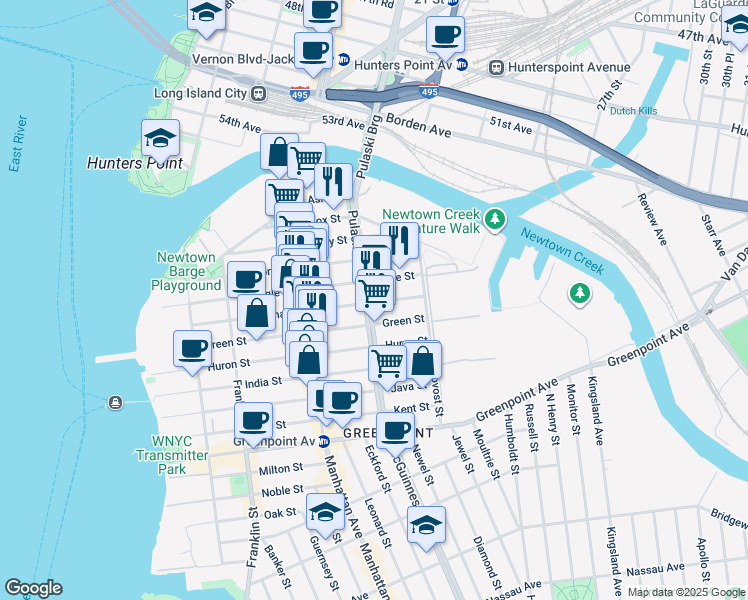 map of restaurants, bars, coffee shops, grocery stores, and more near 223 Eagle Street in Brooklyn