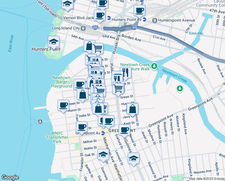 map of restaurants, bars, coffee shops, grocery stores, and more near 187 Eagle Street in Brooklyn