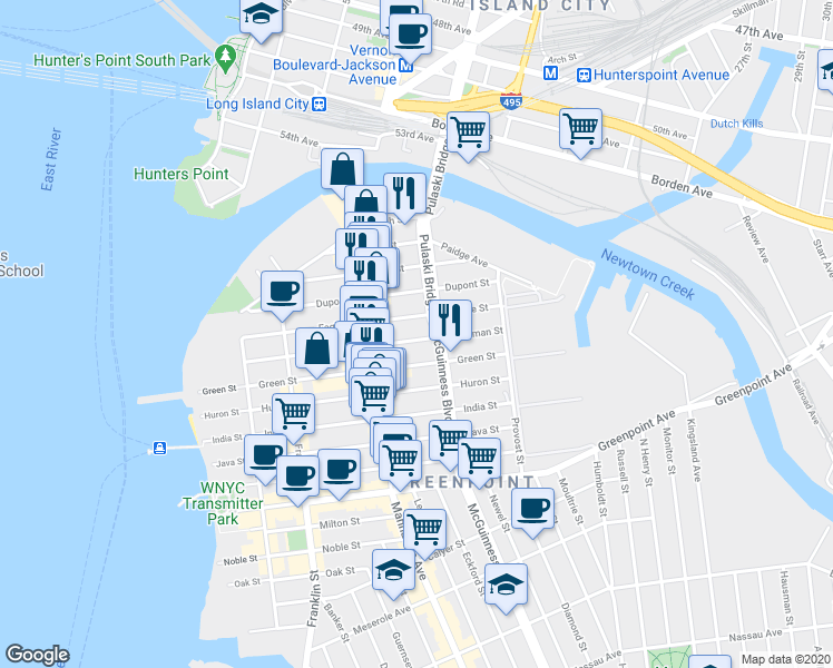 map of restaurants, bars, coffee shops, grocery stores, and more near 187 Eagle Street in Brooklyn