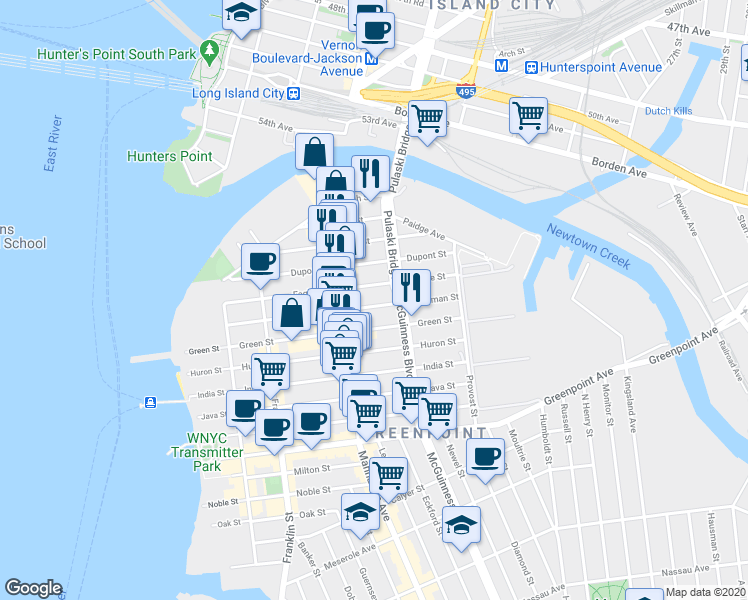 map of restaurants, bars, coffee shops, grocery stores, and more near 187 Eagle Street in Brooklyn