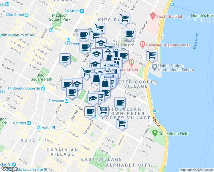 map of restaurants, bars, coffee shops, grocery stores, and more near in New York