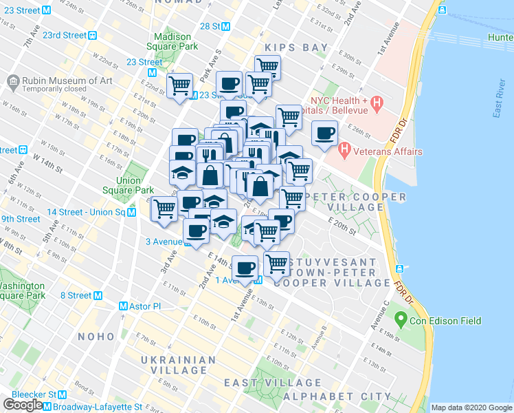 map of restaurants, bars, coffee shops, grocery stores, and more near in New York