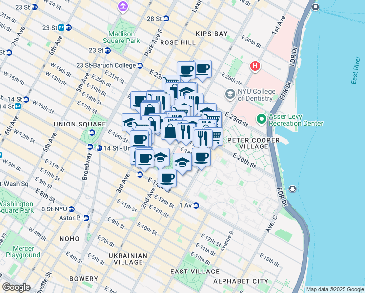 map of restaurants, bars, coffee shops, grocery stores, and more near 345 2nd Avenue in New York