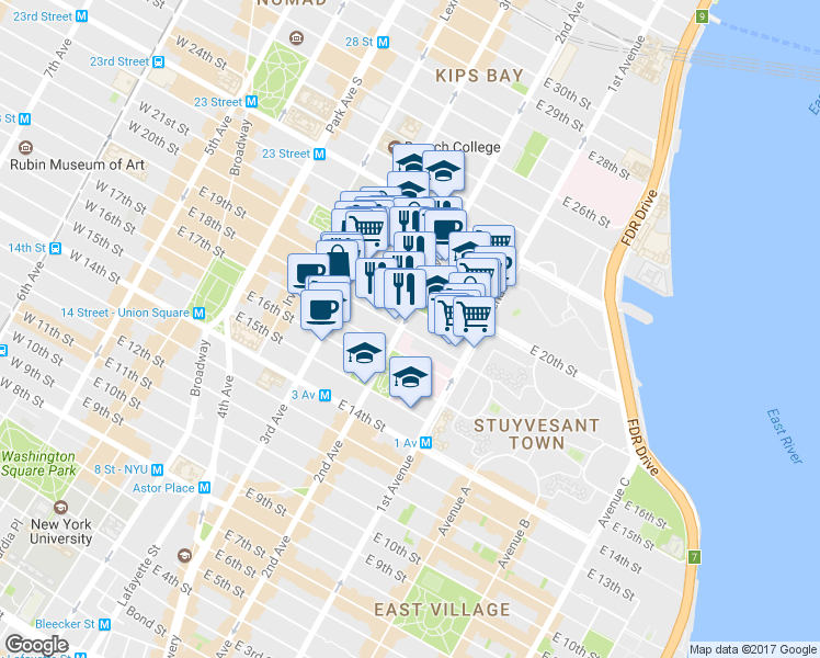 map of restaurants, bars, coffee shops, grocery stores, and more near 345 2nd Avenue in New York