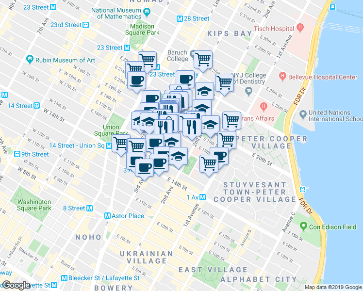 map of restaurants, bars, coffee shops, grocery stores, and more near 211 East 18th Street in New York
