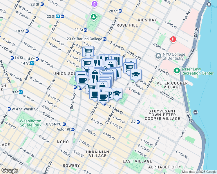 map of restaurants, bars, coffee shops, grocery stores, and more near 192 3rd Avenue in New York
