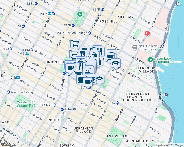 map of restaurants, bars, coffee shops, grocery stores, and more near 192 3rd Avenue in New York