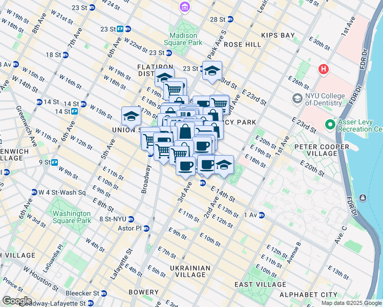 map of restaurants, bars, coffee shops, grocery stores, and more near 40 Irving Place in New York