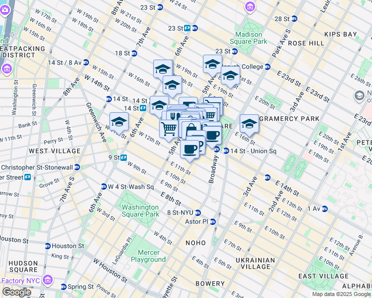 map of restaurants, bars, coffee shops, grocery stores, and more near 2 West 14th Street in New York