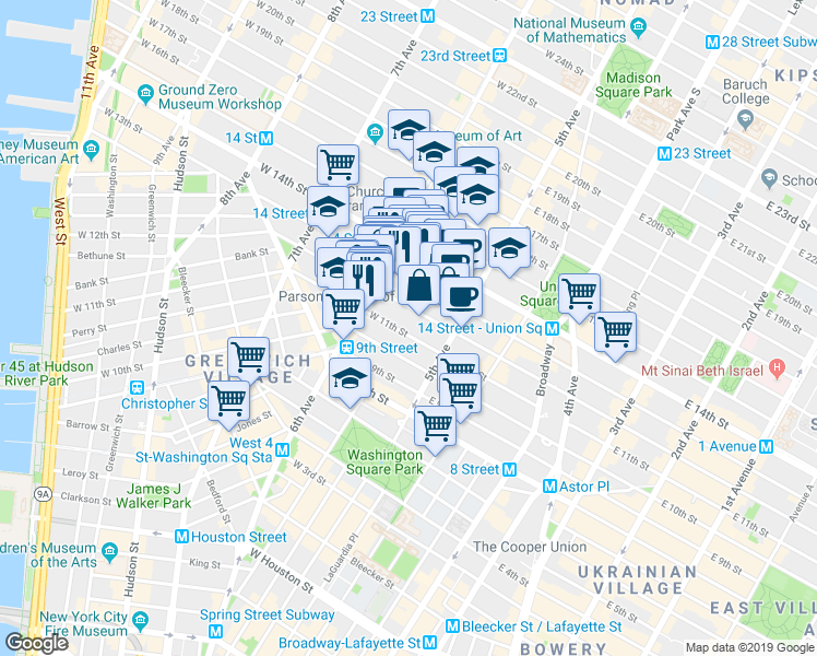 map of restaurants, bars, coffee shops, grocery stores, and more near 54 West 12th Street in New York