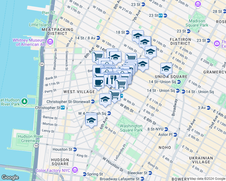 map of restaurants, bars, coffee shops, grocery stores, and more near 126 West 11th Street in New York