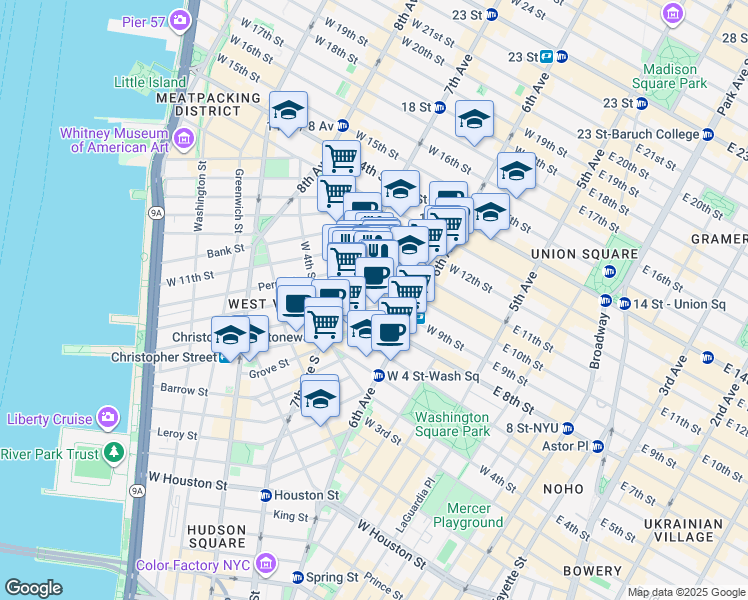map of restaurants, bars, coffee shops, grocery stores, and more near 70 Greenwich Avenue in New York