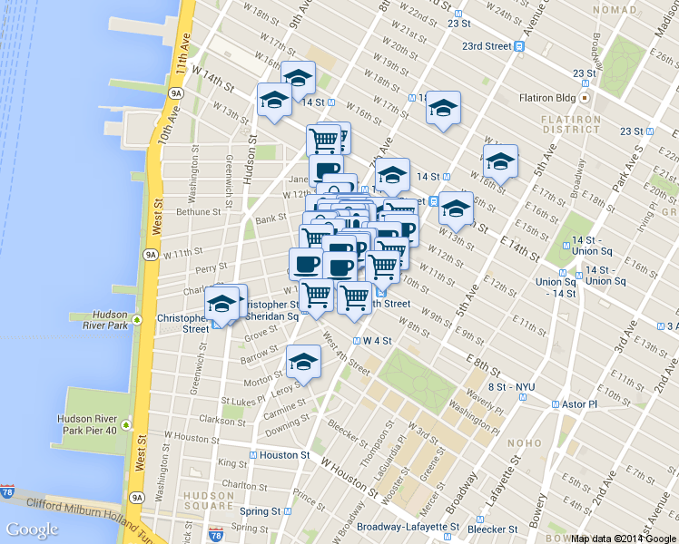 map of restaurants, bars, coffee shops, grocery stores, and more near 70 Greenwich Avenue in New York