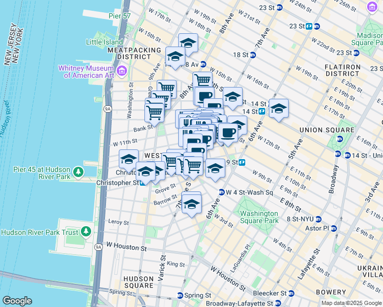 map of restaurants, bars, coffee shops, grocery stores, and more near 36 Perry Street in New York