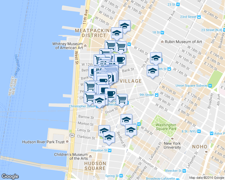 map of restaurants, bars, coffee shops, grocery stores, and more near 519 Hudson Street in New York