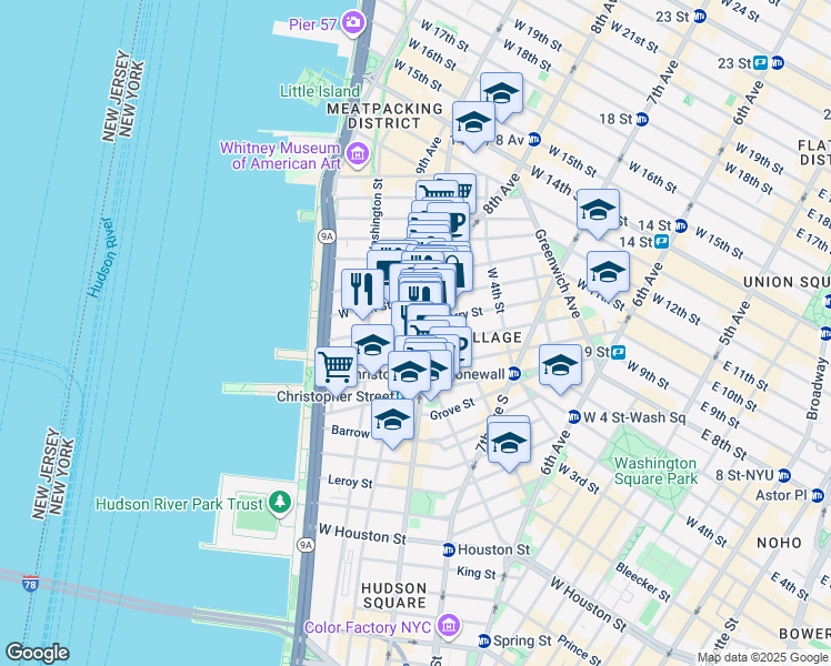 map of restaurants, bars, coffee shops, grocery stores, and more near 316 West 11th Street in New York