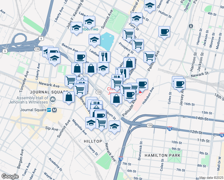 map of restaurants, bars, coffee shops, grocery stores, and more near 63 Hopkins Avenue in Jersey City