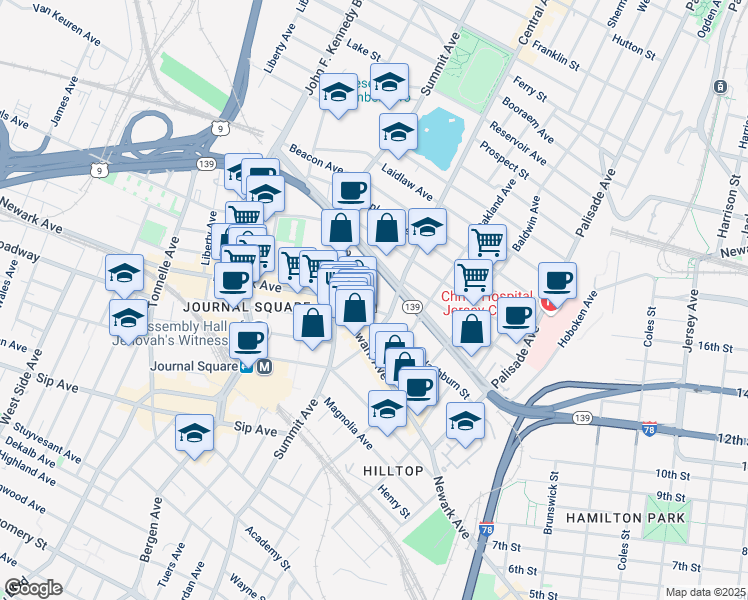 map of restaurants, bars, coffee shops, grocery stores, and more near 632 Summit Avenue in Jersey City