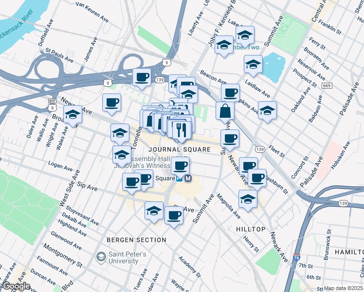 map of restaurants, bars, coffee shops, grocery stores, and more near 30 John F. Kennedy Boulevard in Jersey City